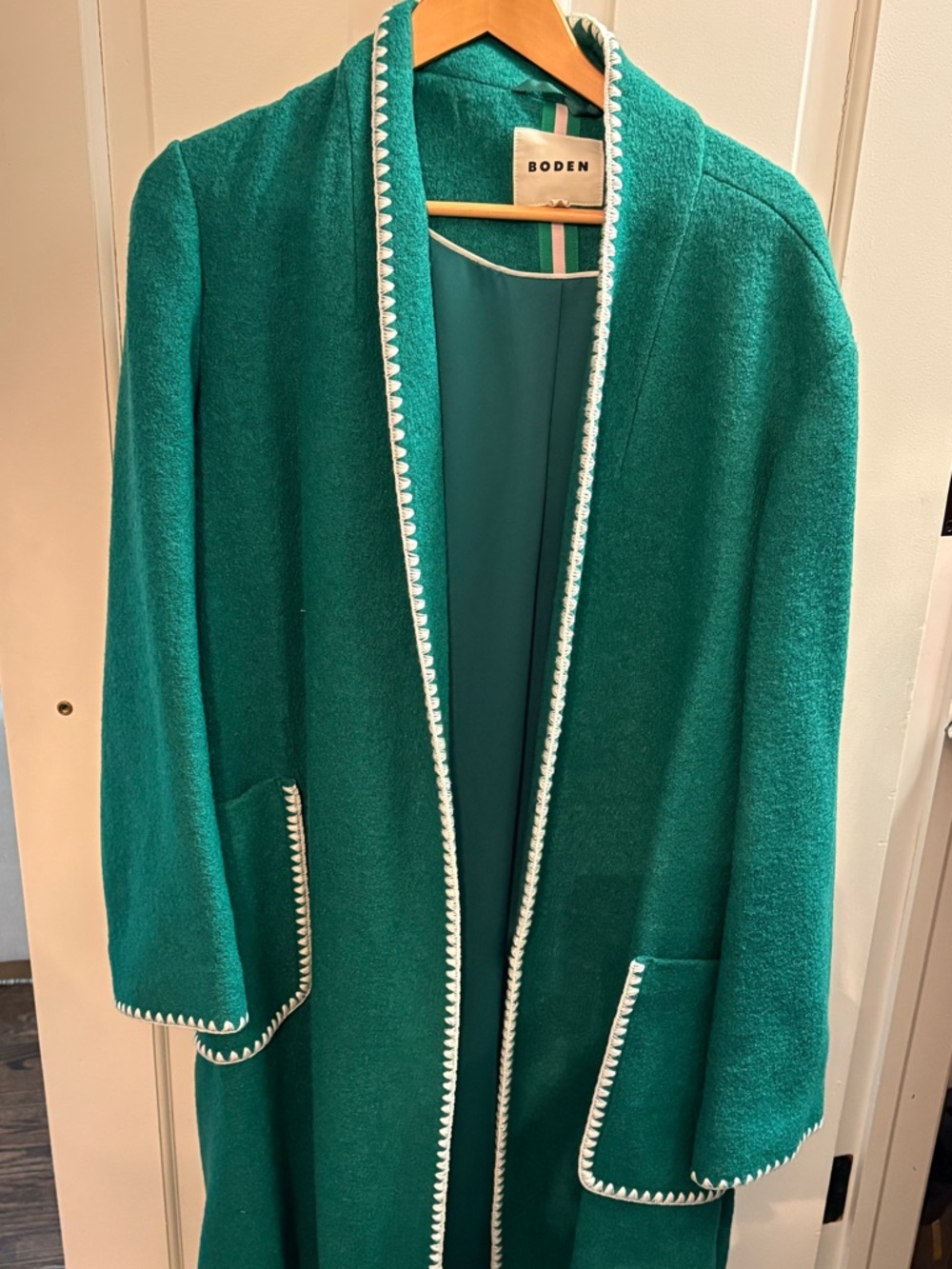 NWOT Never Worn Boden Green Wrap Coat with White Trim Size XL